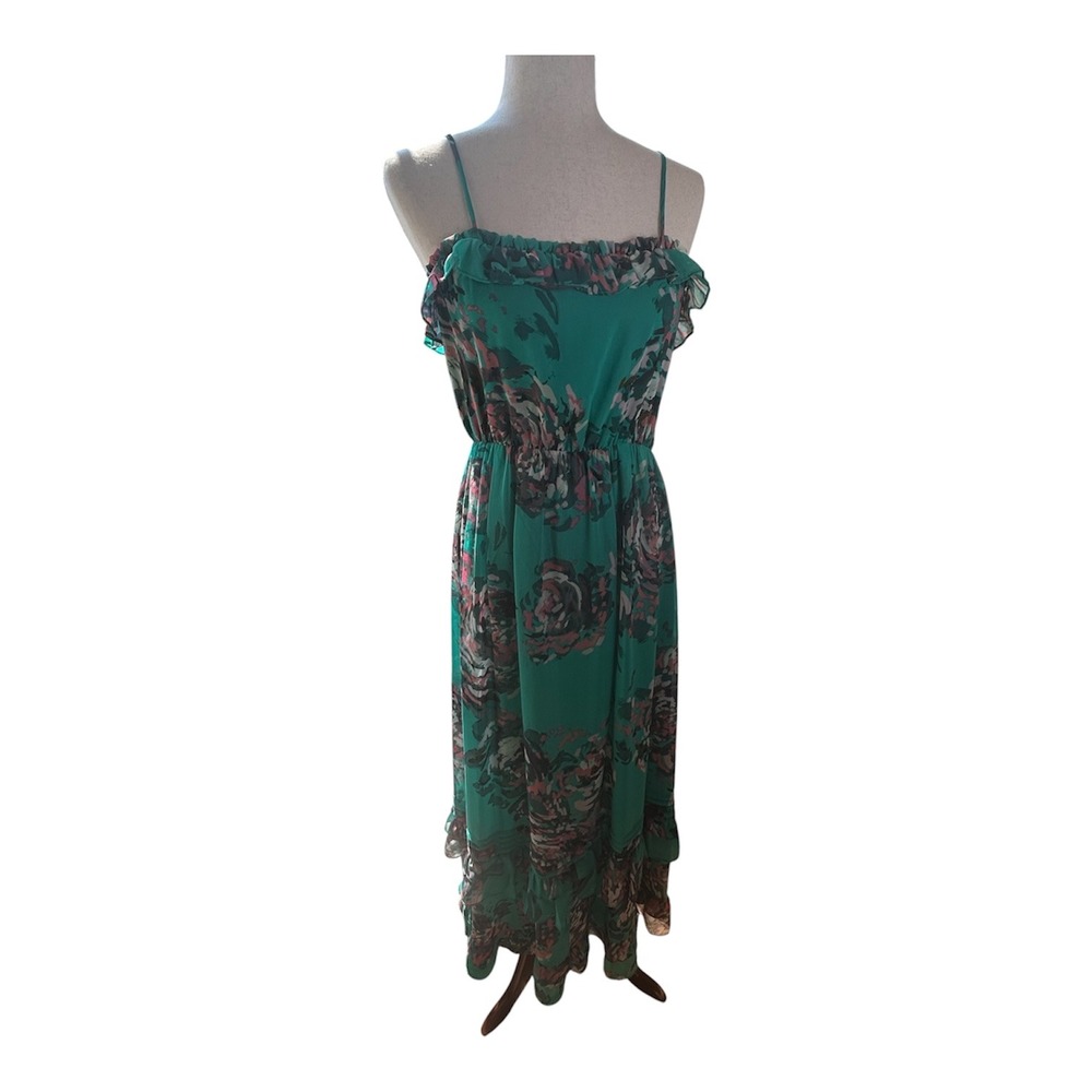 Greylin Floral Maxi Dress Women Medium Green Ruffle Spaghetti Strap Tiered